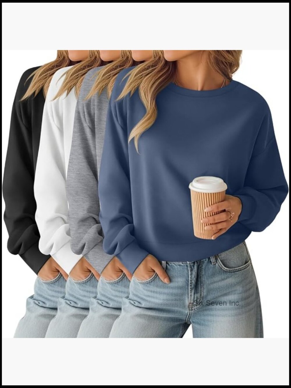 4 Pack Long Sleeve Cropped Sweatshirts Crew Neck Loose Fit Pullover Thermal Tops